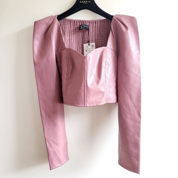 Zara Faux Leather Puff Shoulders Marsala Crop Top/Blouse Blogger Favorite NWT - Picture 11 of 16